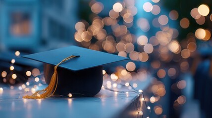 Graduation cap resting on weathered table, cityscape blurring behind, signaling academic milestone future and promise
