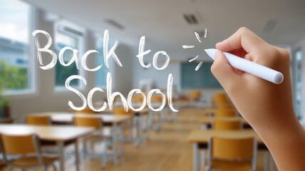 Hand writing back to school sentence with digital classroom on transparent whiteboard pen