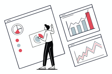 Person engaging with data analytics dashboard vector illustration with pie chart, bar chart and line charts. Business intelligence visualization concept.