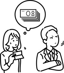 妻に生活費を渡さないモラハラ夫のイラスト　線画のみ