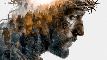 Suffering Jesus wearing thorny crown, human faces blending into portrait, symbolizing divine and compassion redemptive sacrifice