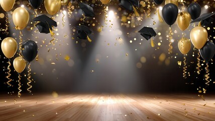 Graduation caps and colorful balloons floating above wooden surface, marking academic jubilant achievement with festive spirit