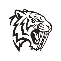 Tiger Logo, Black and white tiger head roaring with displaying its sharp teeth and powerful jaws. 