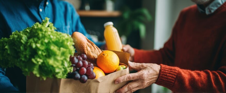 The Paper Grocery Bag Filled with Fresh Fruits Vegetables and Essentials Being Handed Over - Powered by Adobe