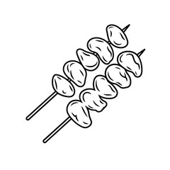 Hand drawn sketch of two skewers with meatballs or olives on sticks