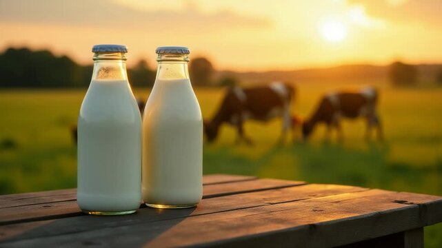 Two empty milk bottles sit on a wooden table, awaiting use