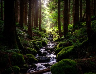 Sunlight streams through a mossy forest creek