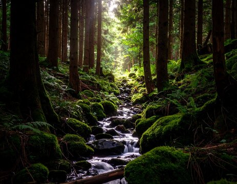 Sunlight streams through a mossy forest creek