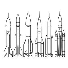 Collection of diverse rocket designs in a line drawing style