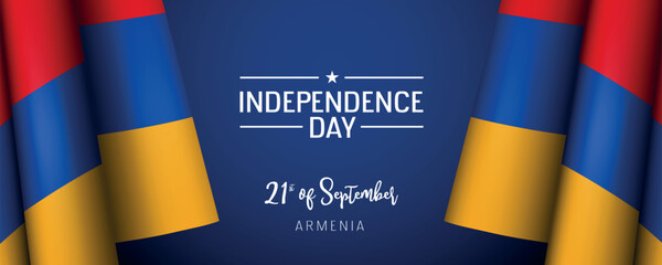 Armenia independence day vector banner, greeting card. Armenian wavy flag in 21st of September national patriotic holiday horizontal design