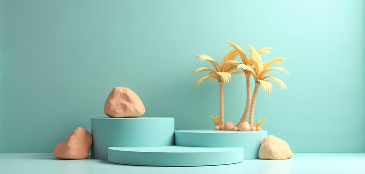Illustration of minimalist stage podium with palm trees, rocks against pastel teal background. Clean, modern layout perfect for summer promotion, product showcase, event presentations. Use versatile