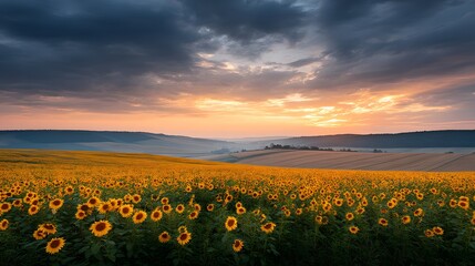 A cinematic wide-angle shot of a field of sunflowers glowing under dramatic sunset colors