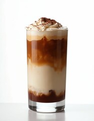 Layered iced latte in tall glass, topped with creamy froth, chocolate sprinkles. Coffee beverage with milk, foam, sweet syrup swirls. Delicious cold caffeine drink for refreshment, indulgence.