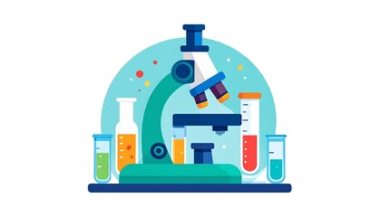 A vibrant illustration of a microscope and various laboratory equipment, showcasing a colorful and educational scientific theme.