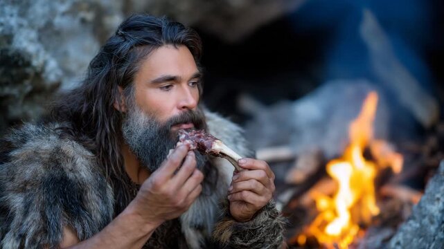 Primitive man with beard in skin eats cooked meat near fire. Caveman, prehistoric man near fire. Concept of survival in wild nature, life in ancient times. Stone Age