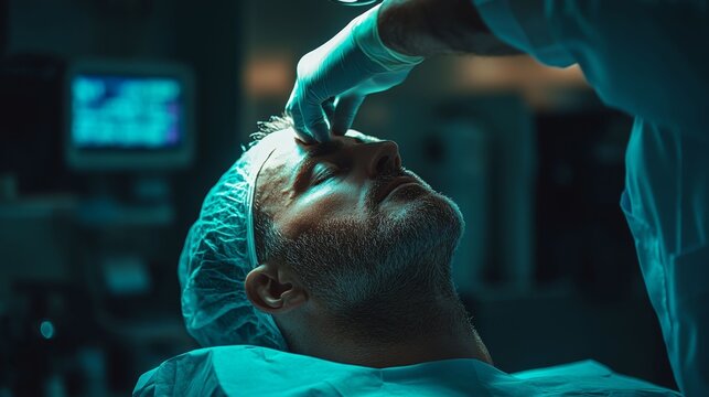 A tense scene in the operating room: a surgeon in a glove examines the patient, preparing him for surgery or a serious procedure. This close-up conveys an atmosphere of high concentration, professiona