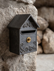 Vintage decorative mailbox on a rustic stone wall