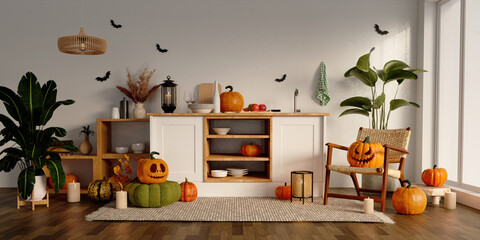 Autumn celebration with decorative pumpkins and cozy ambiance in an elegant kitchen. 3D render illustration