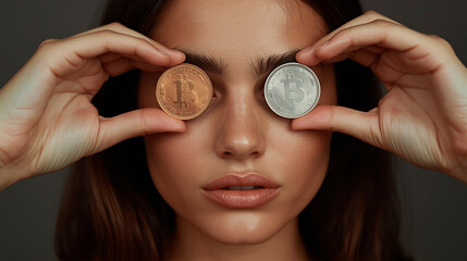 arab young woman with gold and silver bitcoin coins on her eyes