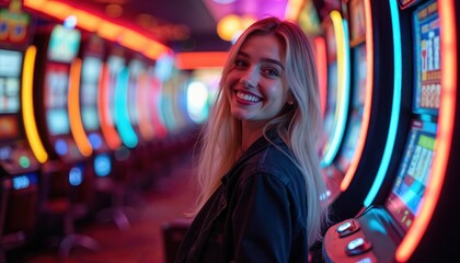 Young woman smiles in casino row with colorful slot machines. Vibrant neon lights create lively, exciting atmosphere. Joyful youth, gaming, nightlife, entertainment, playing, having fun.