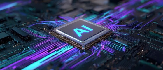 The AI chip glowing on a futuristic circuit board with neon data streams