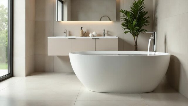 A white bath tub sits in a bathroom next to a window, great for interior design or lifestyle images