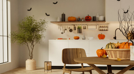 Autumn celebration with pumpkins on a rustic dining table in a vibrant kitchen. 3D render illustration