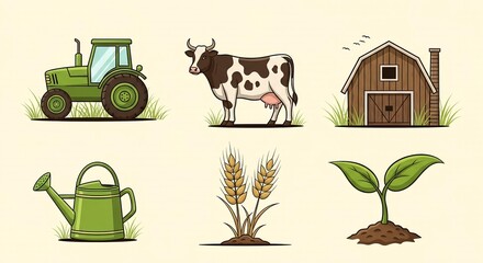 Farming and Agriculture Icons &ndash; Tractor, Cow, Barn, Crops, Watering Can & Plant Growth