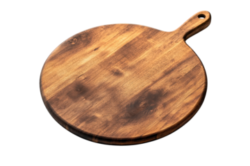 Round wooden cutting board with a handle, isolated on transparent background