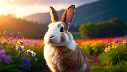 A charming rabbit gazes serenely amidst a vibrant field of wildflowers, bathed in the warm glow of a golden sunset.