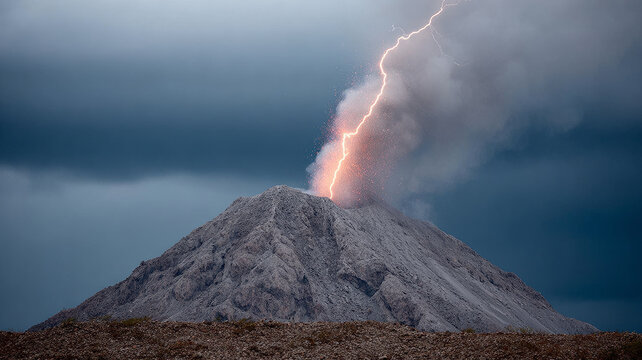 Dramatic volcano eruption with lightning and smoke in stormy sky