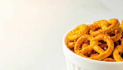 Close up snack bowl rim with salted pretzels detail widescreen with copy space side crunchy food appetizer party treat design advertising background