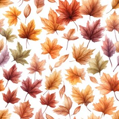 A vibrant pattern of autumn leaves in warm tones of orange, yellow, and red on a white background, perfect for seasonal decor, invitations, or textile design, This image captures the essence of fall,