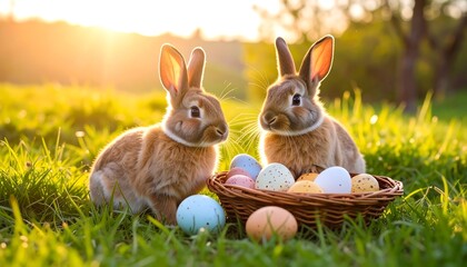 Two bunnies with Easter eggs