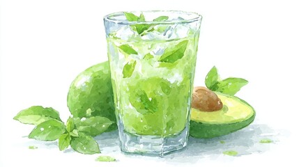 Fototapeta premium A refreshing drink is depicted in a clear glass with mint leaves, accompanied by whole and sliced avocados, This image is perfect for health blogs, recipe books