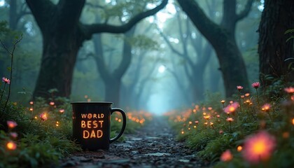 Mug with World Best Dad inscription sits on forest path, surrounded by glowing flowers, trees. Serene scene evokes feelings of appreciation, warmth for Father Day, celebrating parenthood, family