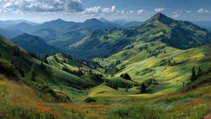 Obraz premium Lush mountain valley, vibrant colors, rolling hills