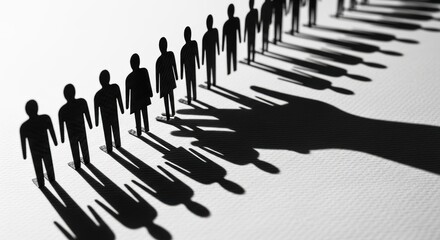 Monochrome Paper Figures in a Row with Shadows, Symbolizing Teamwork and Strategy