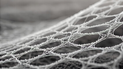 Macro of delicate spider web covered in morning dew droplets with fine threads in monochrome tone perfect for natural backgrounds, biology visuals and abstract design textures