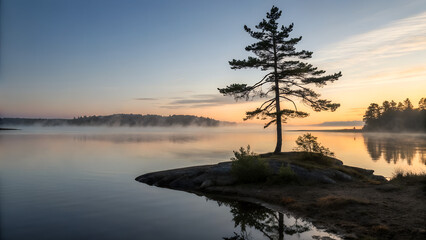 Fototapeta premium Lone pine tree standing on small rocky island in calm misty lake at sunrise perfect for nature backgrounds, travel visuals, meditation designs and peaceful landscape concepts