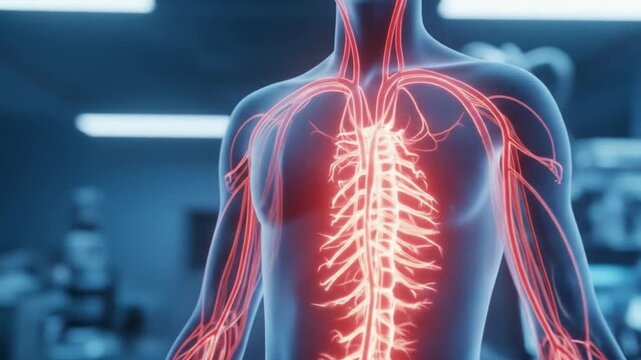 Detailed medical illustration of the human nervous system and spinal cord.