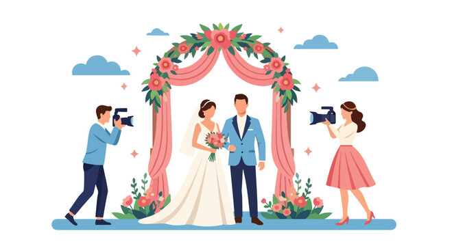 Flat style vector illustration of a wedding couple posing under a floral arch while a photographer captures the moment, symbolizing love, celebration, and marriage in an outdoor ceremony