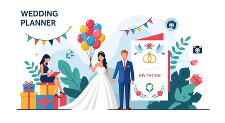 Flat style vector illustration of a wedding planner organizing a celebration with bride, groom, balloons, gifts, and invitations, symbolizing marriage, romance, and event planning services