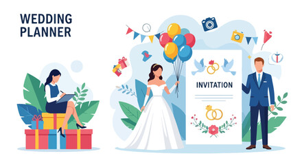 Flat style vector illustration of a wedding planner organizing a celebration with bride, groom, balloons, gifts, and invitations, symbolizing marriage, romance, and event planning services