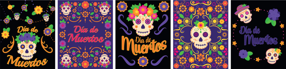 Dia de Muertos Social Media Templates Set Colorful Sugar Skulls, Marigold Flowers and Mexican Ornaments for Day of the Dead Celebration