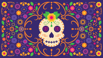 Dia de Muertos Horizontal Poster Sugar Skull with Flowers Mexican Day of the Dead Banner Illustration
