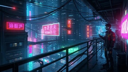 Futuristic cyberpunk city at night with neon signs, holographic displays and a lone figure - Powered by Adobe