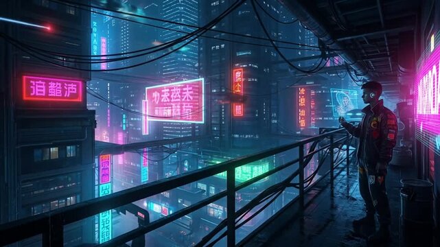 Futuristic cyberpunk city at night with neon signs, holographic displays and a lone figure