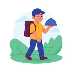 A delivery boy carries backpack with food order for customer, flat illustration