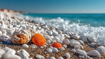 Seashells and pebbles on a sunny beach
